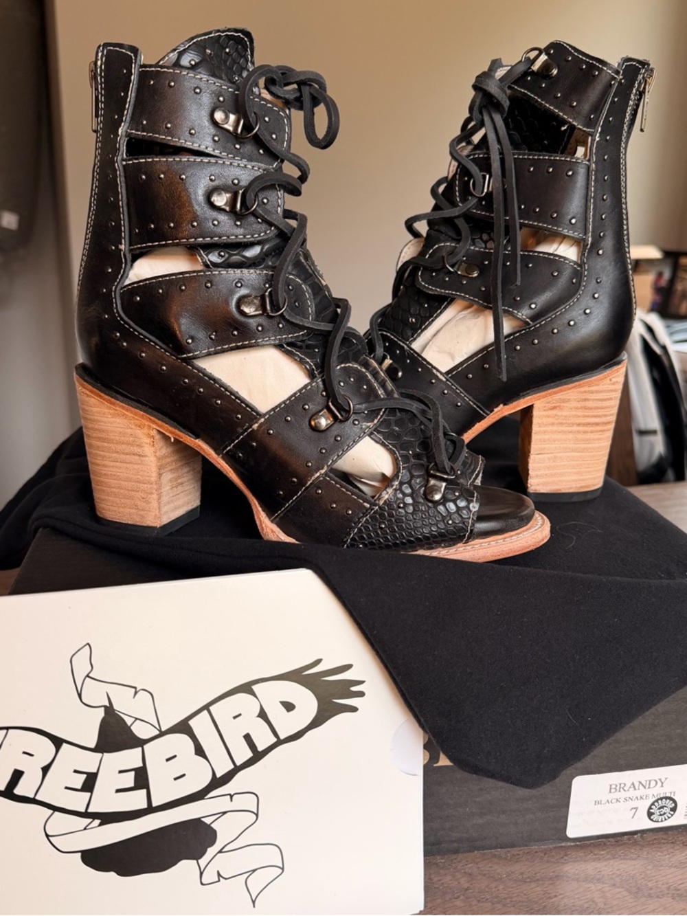 freebird Brandy Black Studded Lace-Up Cutout Block Heel Boots